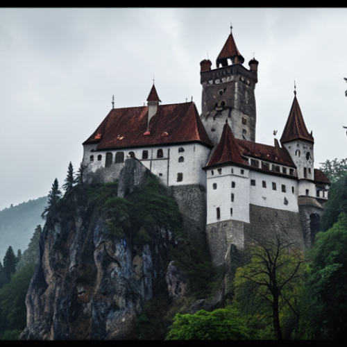 Home 15 **"Bran Castle, Transylvania, dramatic gothic architecture, stone towers, misty atmosphere, Romanian landscape, digital painting, evocative."** (Focus: The iconic exterior view emphasizing the castle's architectural features and mysterious atmosphere.)