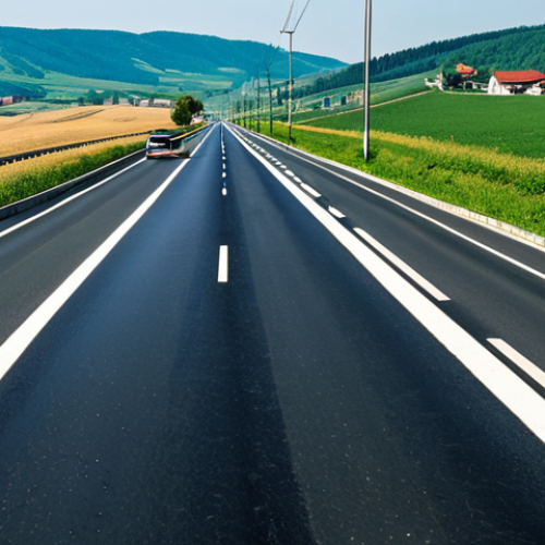 Home 14 A dynamic, wide-angle shot capturing the essence of driving through Romania. The image is split to illustrate the contrast: on the left, a modern, professional car travels effortlessly on a smooth, multi-lane Romanian autostrada (highway), featuring pristine asphalt, clear road markings, and contemporary infrastructure under a vast, open sky. On the right, the same or a similar car navigates a rustic, single-lane regional road, characterized by visible cracks, patches, and minor potholes, with traditional countryside scenery including rolling hills and a distant, quaint village. A group of fully clothed, professional pedestrians can be seen safely walking on a designated sidewalk in the distance. The lighting is bright and natural, emphasizing both speed and the tranquil beauty of the landscape. Safe for work, appropriate content, family-friendly, high quality, professional photography.