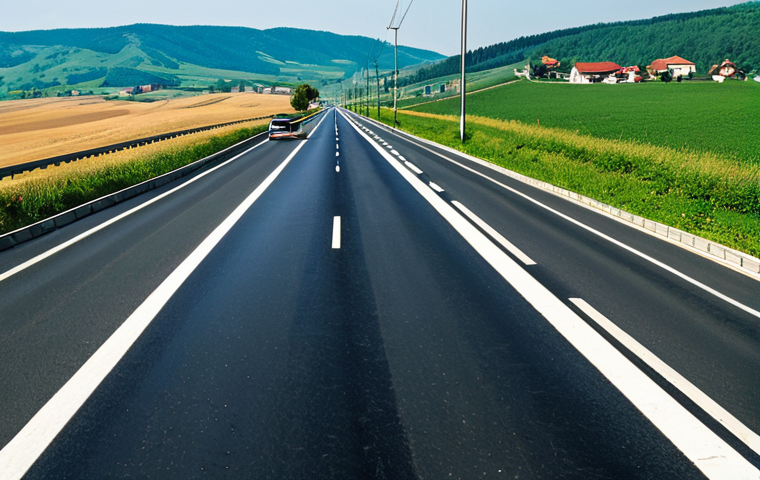 A dynamic, wide-angle shot capturing the essence of driving through Romania. The image is split to illustrate the contrast: on the left, a modern, professional car travels effortlessly on a smooth, multi-lane Romanian autostrada (highway), featuring pristine asphalt, clear road markings, and contemporary infrastructure under a vast, open sky. On the right, the same or a similar car navigates a rustic, single-lane regional road, characterized by visible cracks, patches, and minor potholes, with traditional countryside scenery including rolling hills and a distant, quaint village. A group of fully clothed, professional pedestrians can be seen safely walking on a designated sidewalk in the distance. The lighting is bright and natural, emphasizing both speed and the tranquil beauty of the landscape. Safe for work, appropriate content, family-friendly, high quality, professional photography.