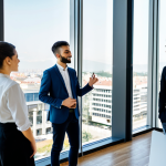 A diverse group of professional Romanian young adults, fully clothed in modern, modest business attire, collaborating in a sleek, sunlit co-working space in a vibrant Romanian city like Bucharest or Cluj-Napoca. They are engaged in dynamic discussion, surrounded by tech equipment and large windows offering a view of a modern urban skyline. The scene emphasizes innovation and a forward-thinking atmosphere, showcasing talented individuals. safe for work, appropriate content, professional, fully clothed, perfect anatomy, correct proportions, natural pose, well-formed hands, proper finger count, high-resolution, sharp focus, natural lighting.