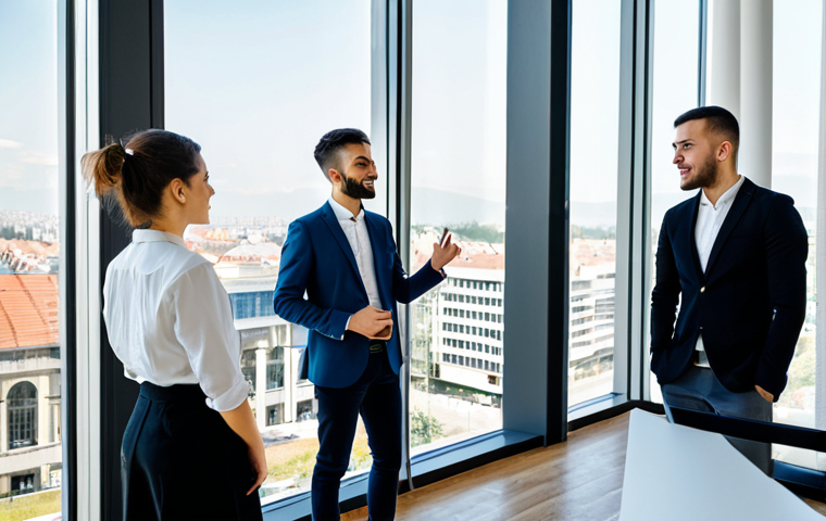 A diverse group of professional Romanian young adults, fully clothed in modern, modest business attire, collaborating in a sleek, sunlit co-working space in a vibrant Romanian city like Bucharest or Cluj-Napoca. They are engaged in dynamic discussion, surrounded by tech equipment and large windows offering a view of a modern urban skyline. The scene emphasizes innovation and a forward-thinking atmosphere, showcasing talented individuals. safe for work, appropriate content, professional, fully clothed, perfect anatomy, correct proportions, natural pose, well-formed hands, proper finger count, high-resolution, sharp focus, natural lighting.