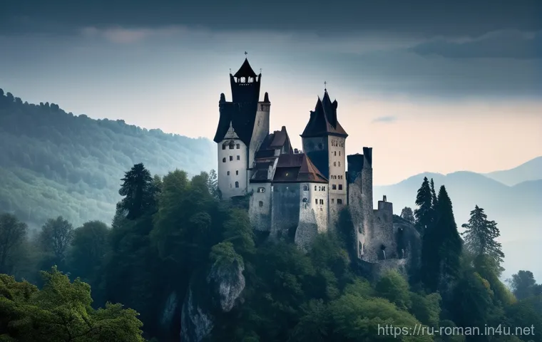 루마니아 카르파티아 산맥 - **A mystical, atmospheric depiction of Bran Castle ("Dracula's Castle") in Transylvania, Romania.** ...