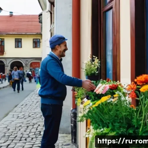 Home 30 루마니아어 기본 회화 - A warm and friendly Romanian street scene during daytime featuring a diverse group of people greetin...