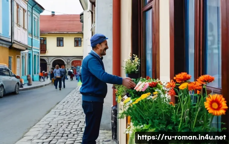 루마니아어 기본 회화 - A warm and friendly Romanian street scene during daytime featuring a diverse group of people greetin...