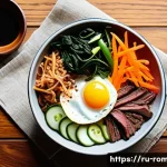 Home 17 루마니아 한국 식당 - A vibrant Korean bibimbap bowl served in a traditional Korean ceramic dish on a rustic wooden table,...
