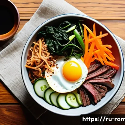 Home 29 루마니아 한국 식당 - A vibrant Korean bibimbap bowl served in a traditional Korean ceramic dish on a rustic wooden table,...