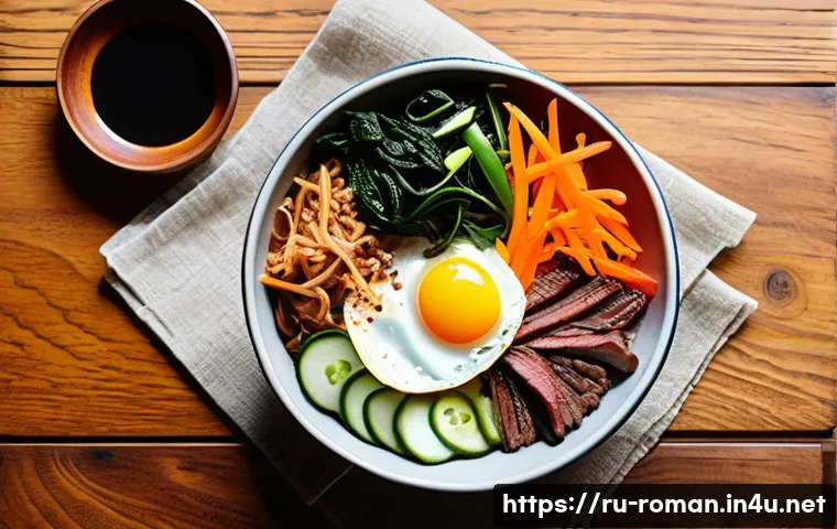 루마니아 한국 식당 - A vibrant Korean bibimbap bowl served in a traditional Korean ceramic dish on a rustic wooden table,...