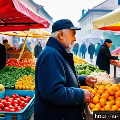 Home 16 루마니아어 숫자 배우기 - A cozy Romanian marketplace scene during daytime, showing a friendly middle-aged man buying fresh fr...