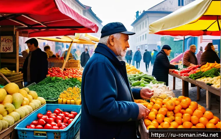 루마니아어 숫자 배우기 - A cozy Romanian marketplace scene during daytime, showing a friendly middle-aged man buying fresh fr...